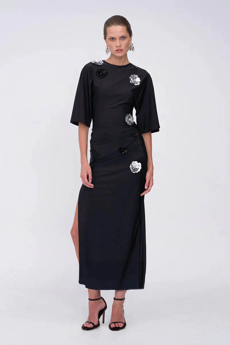 Suboo Black dress with sequin flowers, size XS