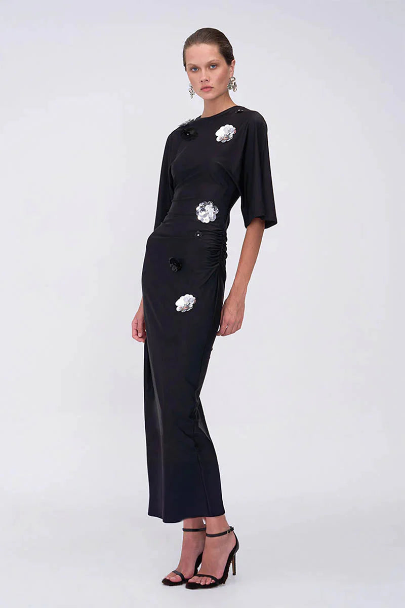 Suboo Black dress with sequin flowers, size XS