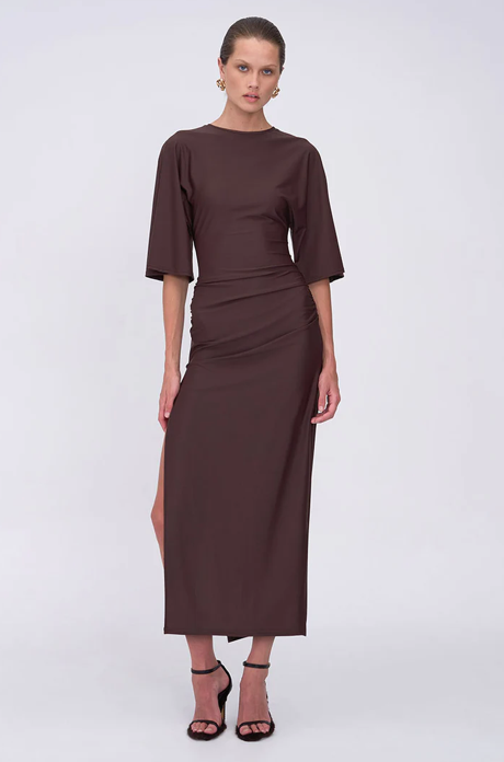 Suboo Ivy Cape Sleeve Midi Dress – Chocolate, size XS