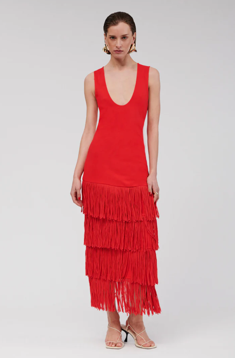 Suboo Carmen Sleeveless Fringe Hem Maxi, size XS