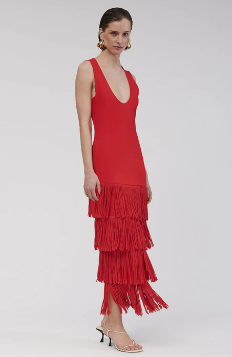 Suboo Carmen Sleeveless Fringe Hem Maxi, size XS