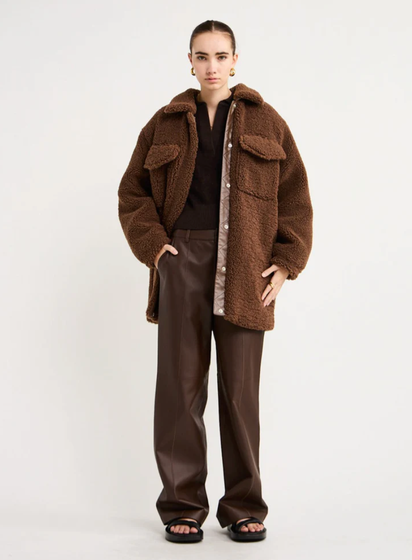 Ena Pelly Carla Teddy Faux Fur Shacket - Espresso, size 6