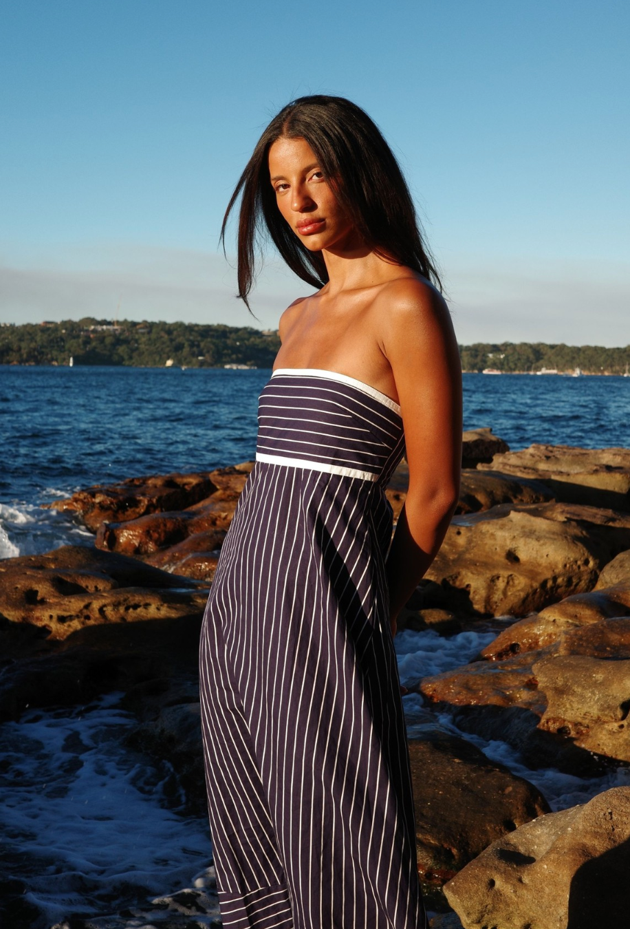 LUSANA - Timothy Poplin Maxi Dress in Indigo Stripe S