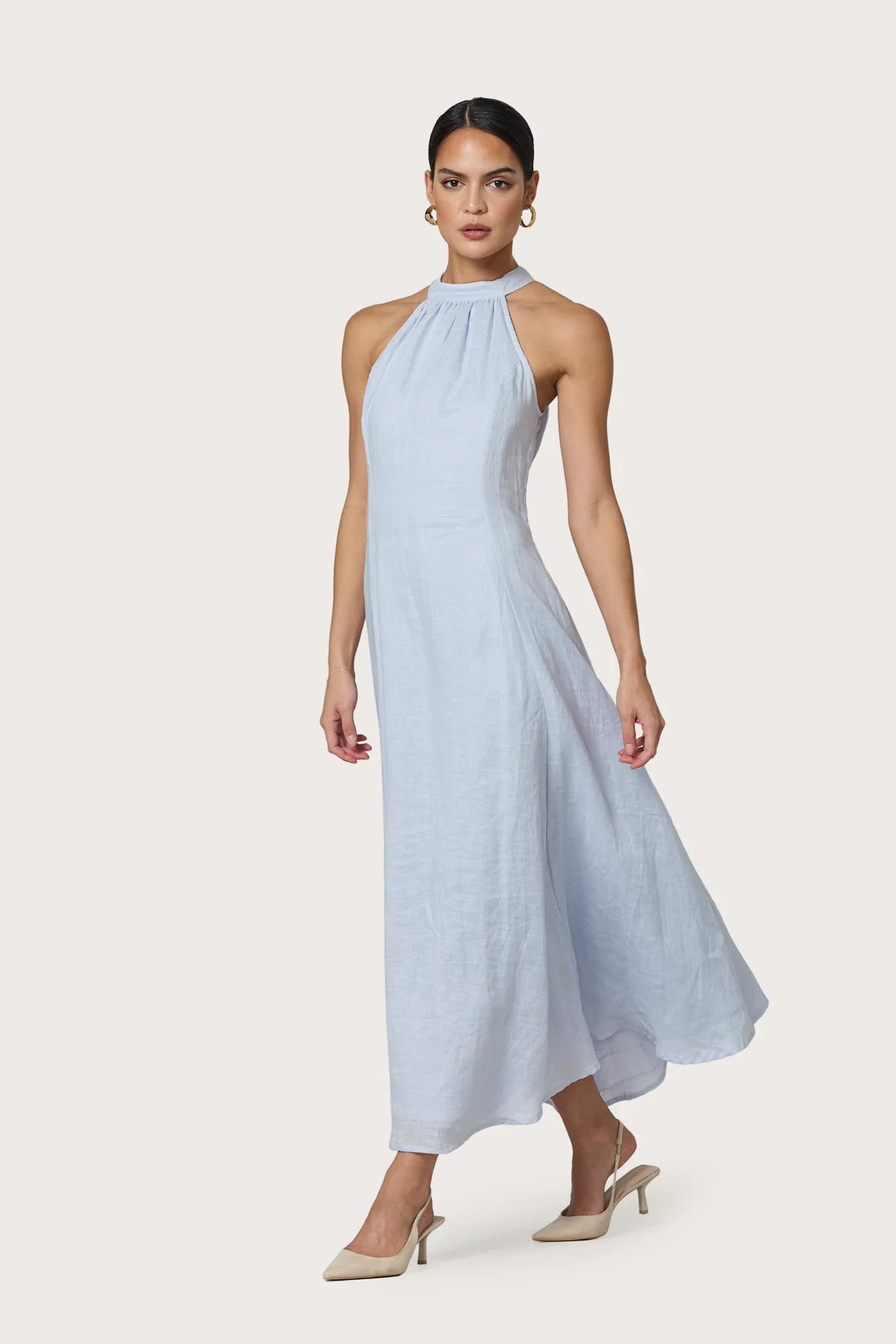 LUSANA - Piper Linen Maxi Dress in Misty Blue S