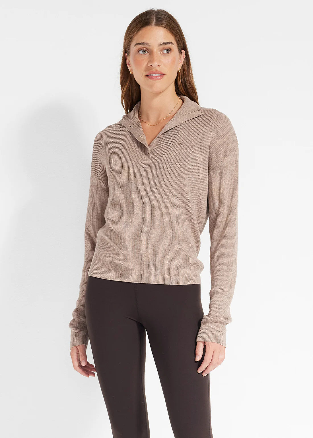 Nimble Snug Knit Ribbed Polo - Walnut, size XS