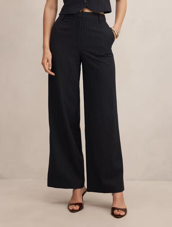 Forever New Paloma Pinstripe Wide Leg Pants - Navy Pinstripe Suit, size 6