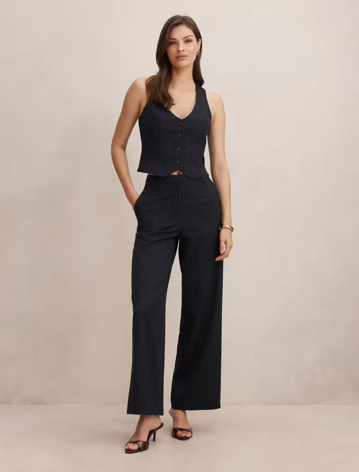 Forever New Paloma Pinstripe Wide Leg Pants - Navy Pinstripe Suit, size 6
