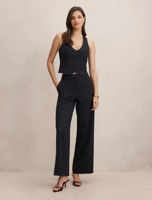 Forever New Paloma Pinstripe Wide Leg Pants - Navy Pinstripe Suit, size 6