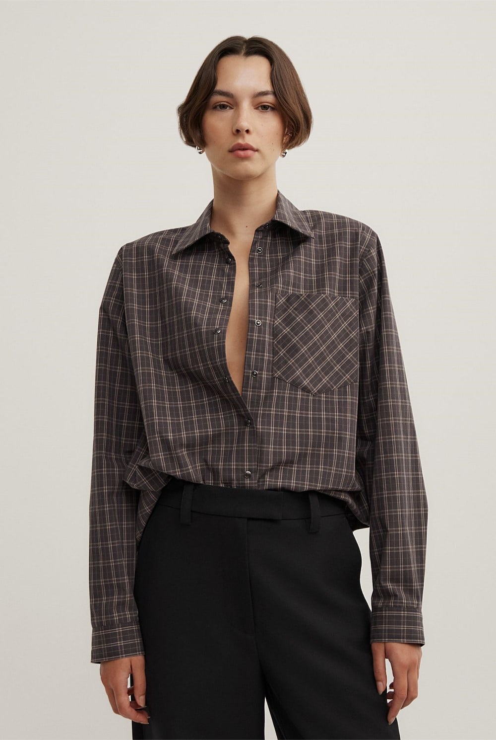 Witchery Check Shoulder Pad Shirt, xs