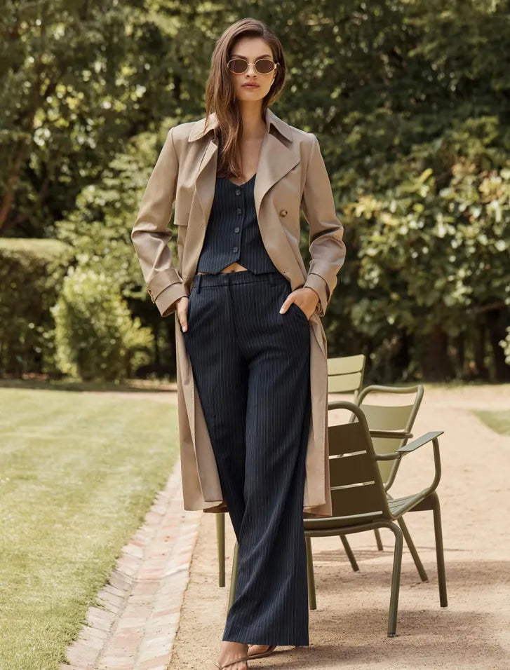 Forever New Paloma Pinstripe Wide Leg Pants - Navy Pinstripe Suit, size 6