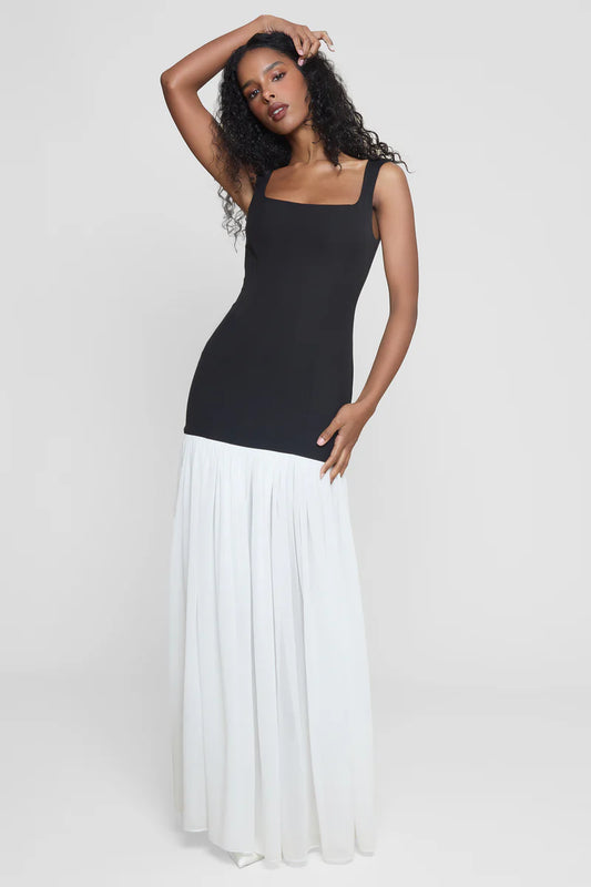 LEAU Phantom Contrast Chiffon Maxi Dress, size XS