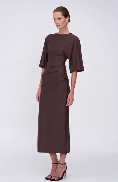 Suboo Ivy Cape Sleeve Midi Dress – Chocolate, size XS