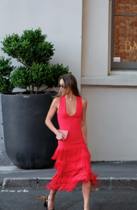 Suboo Carmen Sleeveless Fringe Hem Maxi, size XS