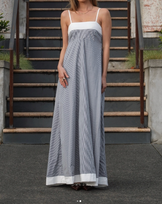 Lusana Adriana Poplin Maxi Dress in Denim Stripe, size S