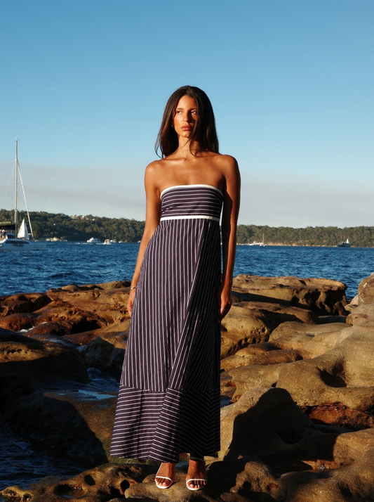 LUSANA - Timothy Poplin Maxi Dress in Indigo Stripe S