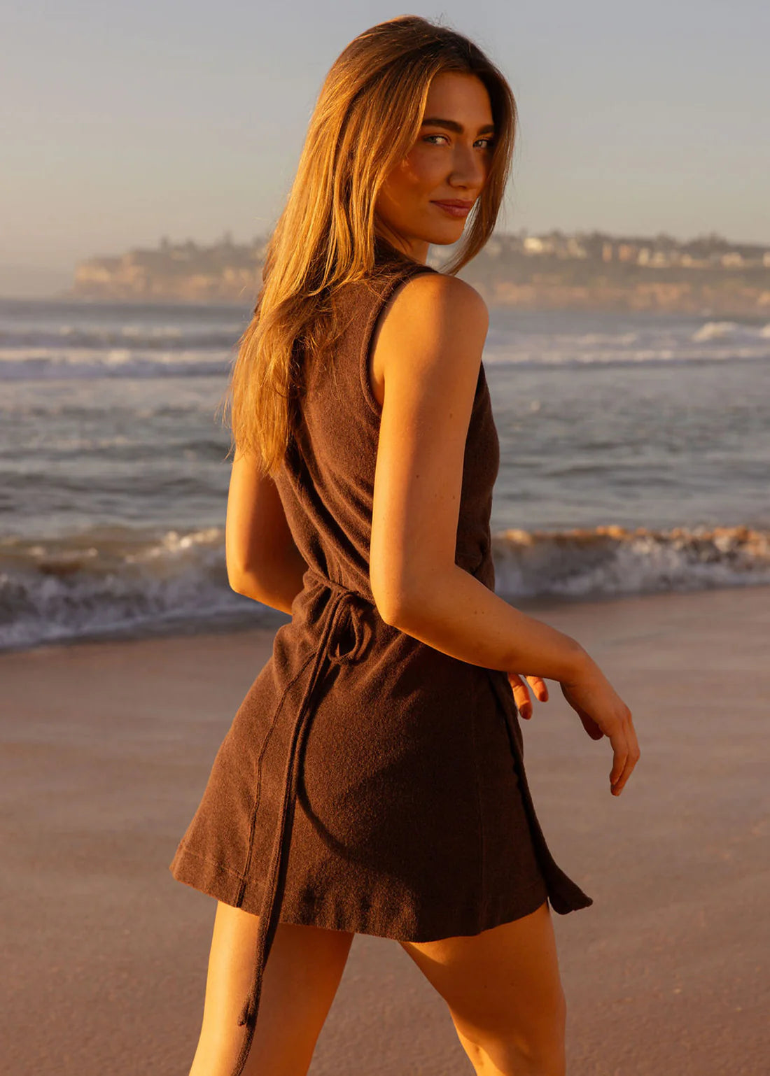 Nimble Coastal Terry Wrap Dress - Chocolate, size XS