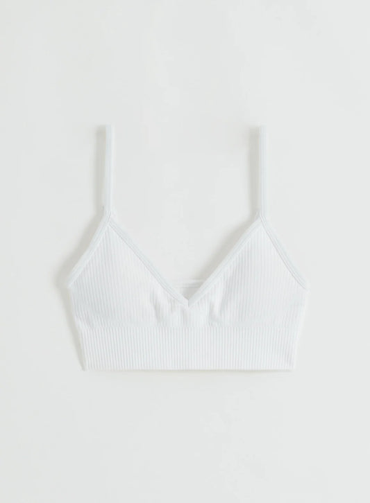 Aim'n White ribbed seamless deep cut bra in white, size XS